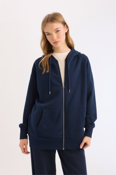 Oversize Fit Kangaroo Pocket Basic Zippered Hoodie
