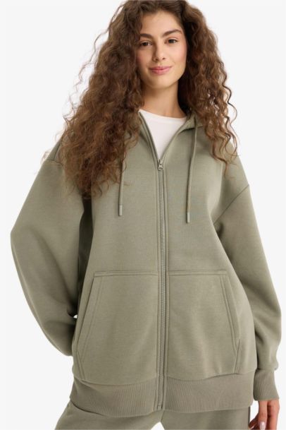 Oversize Fit Hooded Thick Sweatshirt Fabric Cardigan