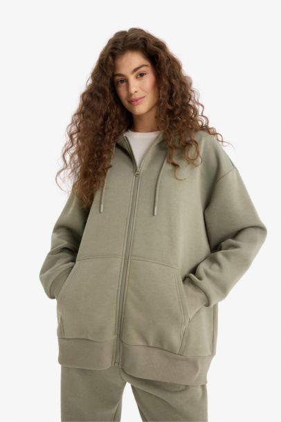 Oversize Fit Hooded Thick Sweatshirt Fabric Cardigan