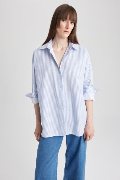 Oversize Fit Shirt Collar Poplin Long Sleeve Shirt