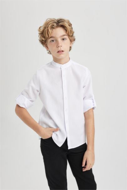 Boy Stand Collar Textured Basic Long Sleeve Shirt