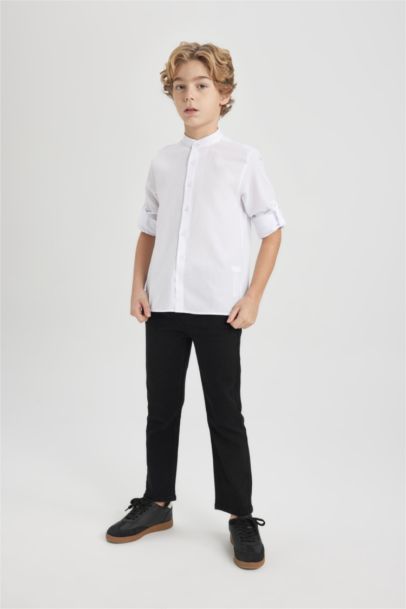 Boy Stand Collar Textured Basic Long Sleeve Shirt