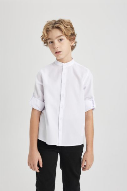 Boy Stand Collar Textured Basic Long Sleeve Shirt