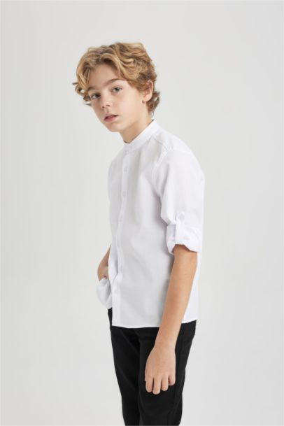 Boy Stand Collar Textured Basic Long Sleeve Shirt
