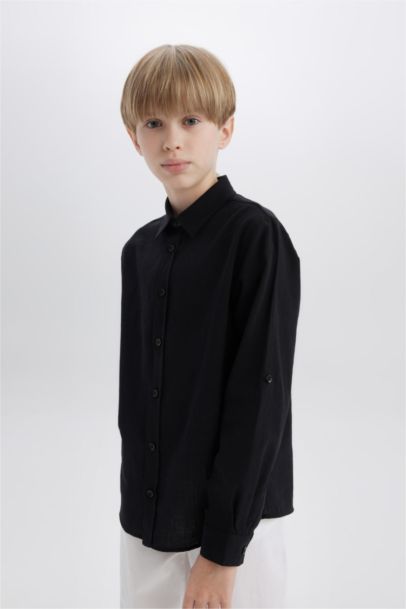 Boy Regular Fit Polo Collar Linen Look Long Sleeve Shirt