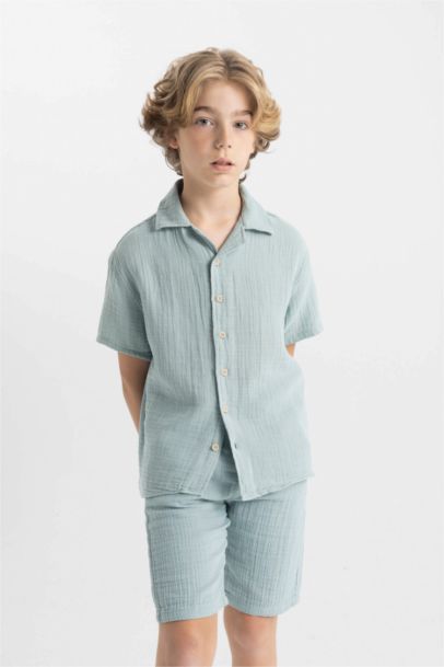 Boy Oversize Fit Polo Collar Muslin Short Sleeve Shirt