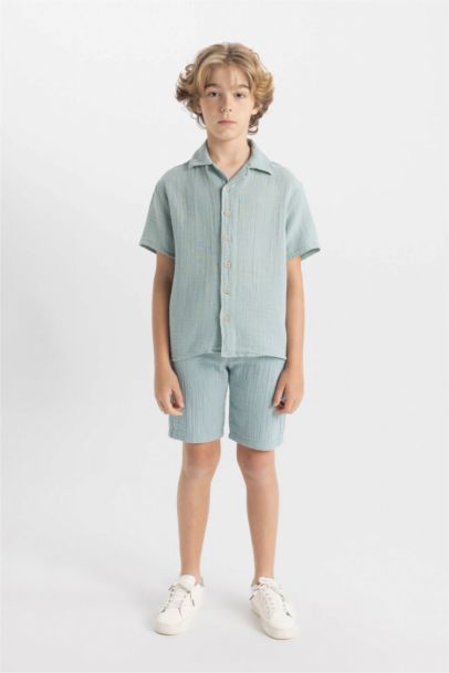 Boy Oversize Fit Polo Collar Muslin Short Sleeve Shirt