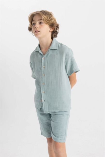 Boy Oversize Fit Polo Collar Muslin Short Sleeve Shirt