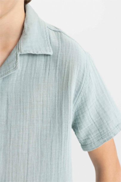 Boy Oversize Fit Polo Collar Muslin Short Sleeve Shirt