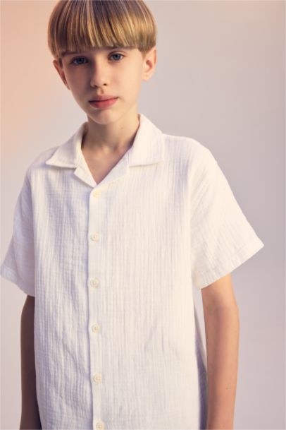 Детская рубашка Oversize с широким кроем и поло воротником из муслина с коротким рукавом