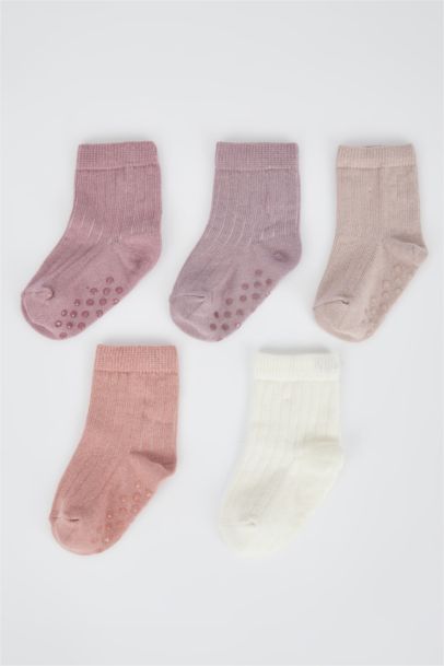 Kız Bebek Pamuklu Kaydırmaz Tabanlı 5'li Uzun Çorap