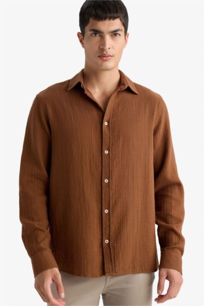 Regular Fit Polo Neck Muslin Long Sleeve Shirt