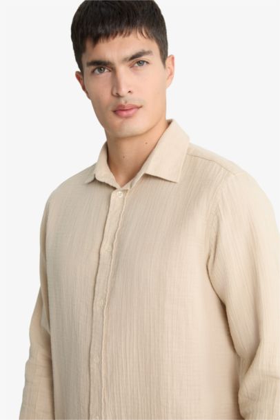 Regular Fit Polo Neck Muslin Long Sleeve Shirt