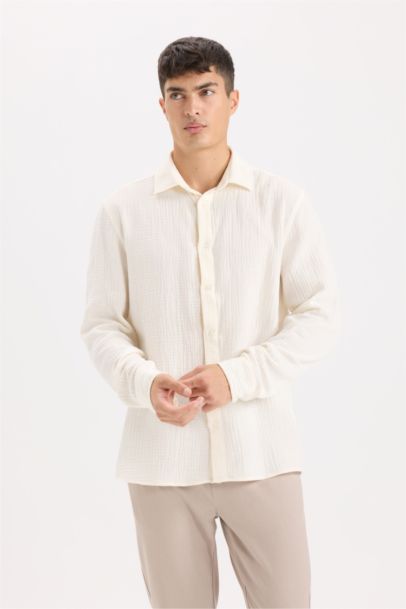 Regular Fit Polo Collar Muslin Long Sleeve Shirt