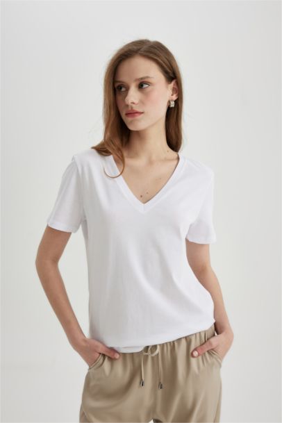 Regular Fit V Neck Cotton Basic T-Shirt
