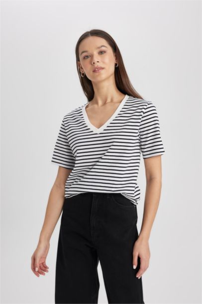 Regular Fit V Neck Striped Short Sleeve T-Shirt
