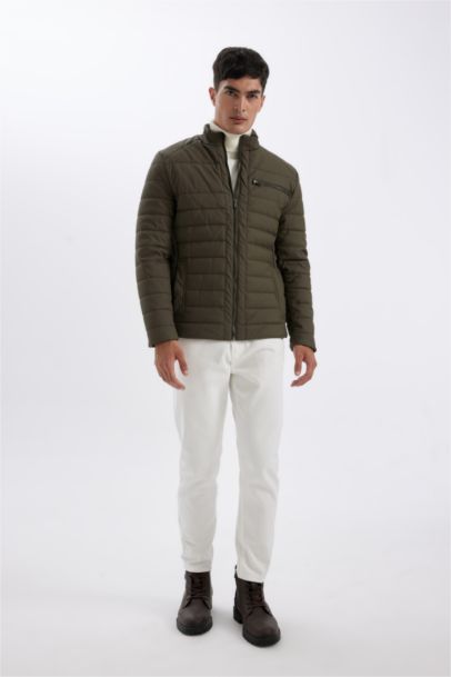 Slim Fit Stand Collar Zippered Pocket Faux Leather Jacket