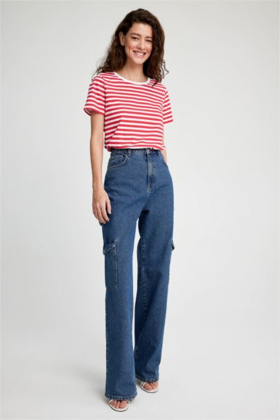 تي شيرت قطن قصة عادية بياقة مستديرة