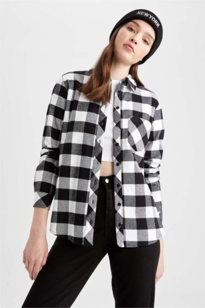 Regular Fit Shirt Collar Gingham Flannel Long Sleeve Shirt