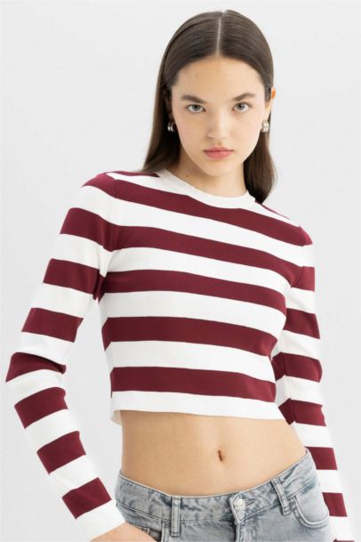 Slim Fit Dar Kesim Çizgili Bisiklet Yaka Triko Kazak