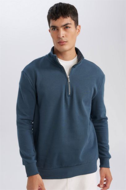 Comfort Regular Fit Rahat Kalıp Fermuarlı Dik Yaka Basic Düz Sweatshirt