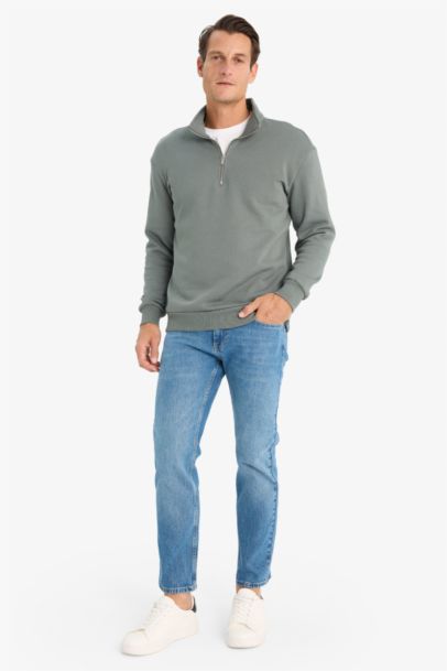 Comfort Regular Fit Rahat Kalıp Fermuarlı Dik Yaka Basic Düz Sweatshirt