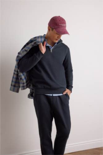 Regular Fit Dik Yaka Yarım Fermuarlı İçi Yumuşak Tüylü Basic Düz Sweatshirt