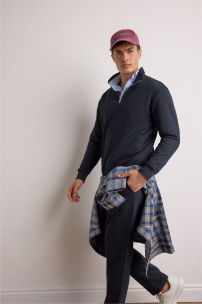 Regular Fit Dik Yaka Yarım Fermuarlı İçi Yumuşak Tüylü Basic Düz Sweatshirt