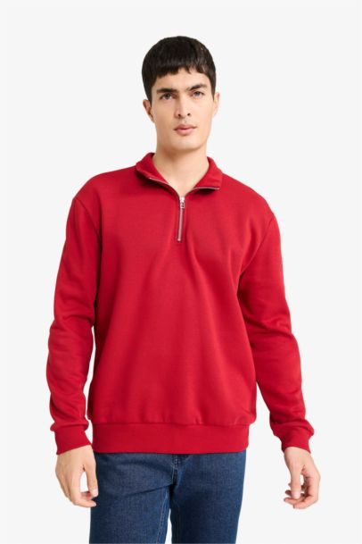 Regular Fit Half Zip Stand Collar Basic Sweatshirt