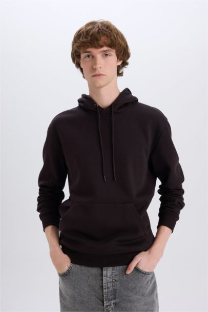 سويت شيرت بيزك قصة عادية بغطاء للرأس بجيب