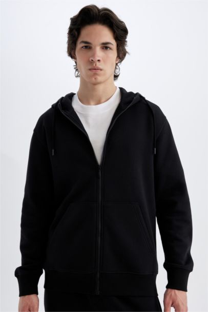 Black Regular Fit Hooded Soft Furry Inside Pocket Basic Sweatshirt