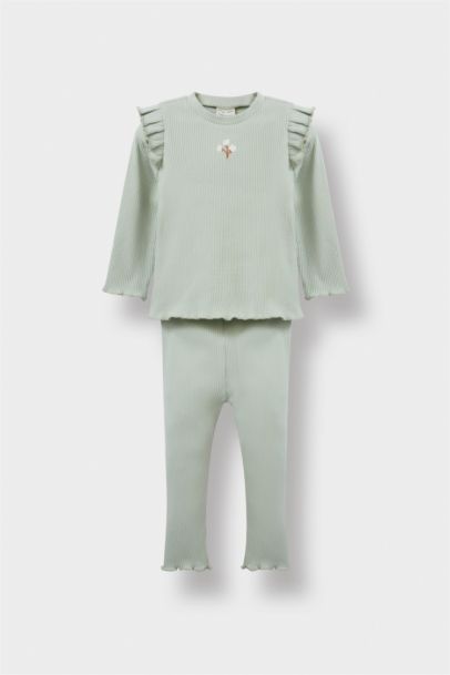 2'li Takım Çiçekli Uzun Kollu Fitilli Kaşkorse Tişört Tayt Kız Bebek