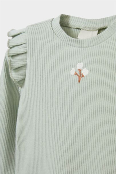 2'li Takım Çiçekli Uzun Kollu Fitilli Kaşkorse Tişört Tayt Kız Bebek