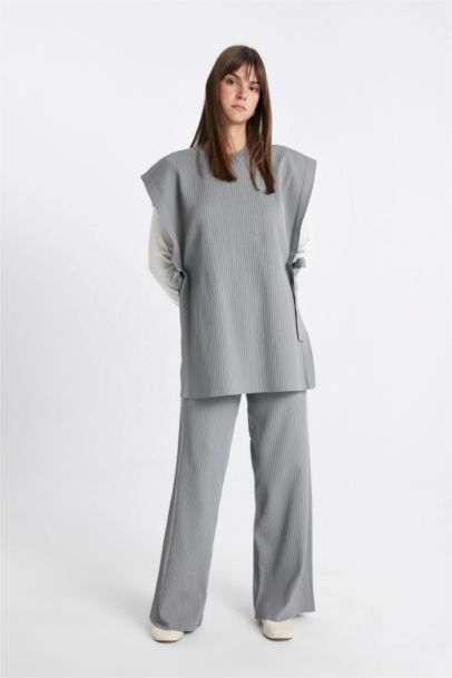 Relax Fit Triko Pantolon Beli Lastikli Basic Düz Geniş Paça