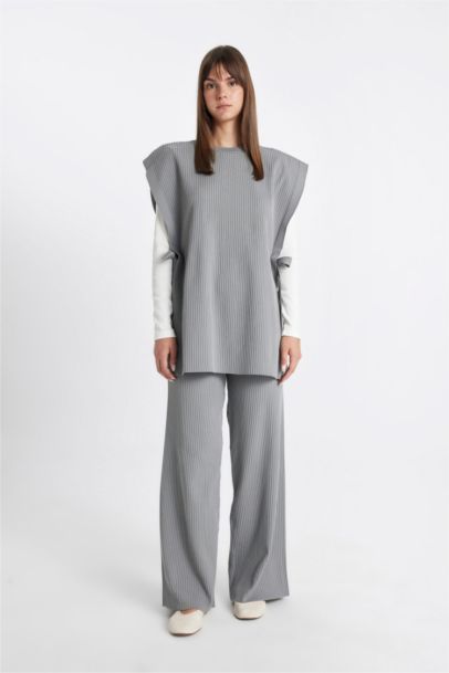 Relax Fit Triko Pantolon Beli Lastikli Basic Düz Geniş Paça