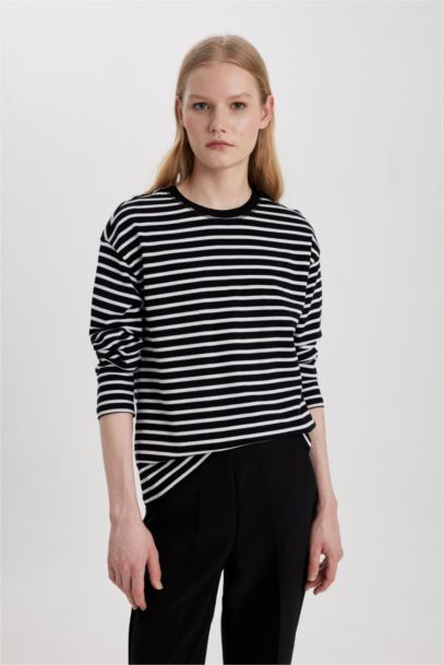 Regular Fit Crew Neck Striped Cotton Long Sleeve T-Shirt
