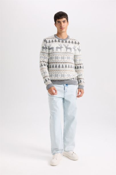 بلوز تريكو قصة عادية بياخة مستديرة بطبعة كريسماس