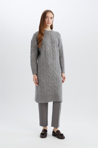 Regular Fit Crew Neck Knitted Basic Midi Knitwear Dress