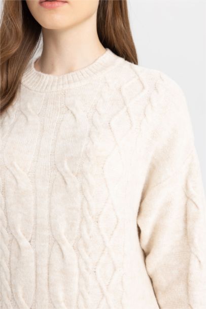 Regular Fit Bisiklet Yaka Saç Örgülü Basic Düz Uzun Kollu Maxi Triko Elbise