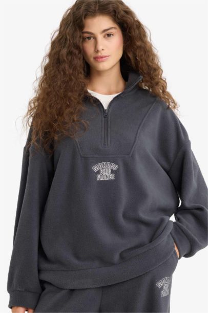 Oversize Fit Stand Collar Zippered Printed Fleece Sweatshirt