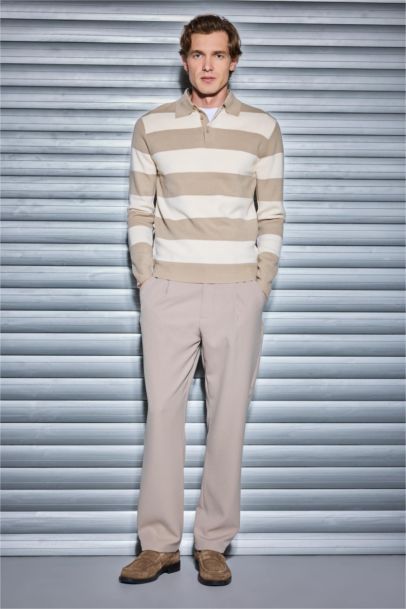 Pull en maille rayé à col polo boutonné Coupe standard