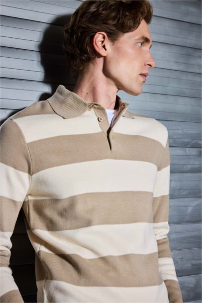 Pull en maille rayé à col polo boutonné Coupe standard