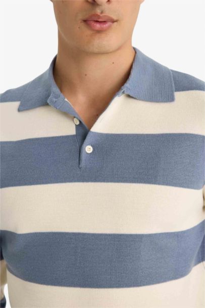 Standart Fit Polo Yaka Düğmeli Renk Bloklu Triko Kazak