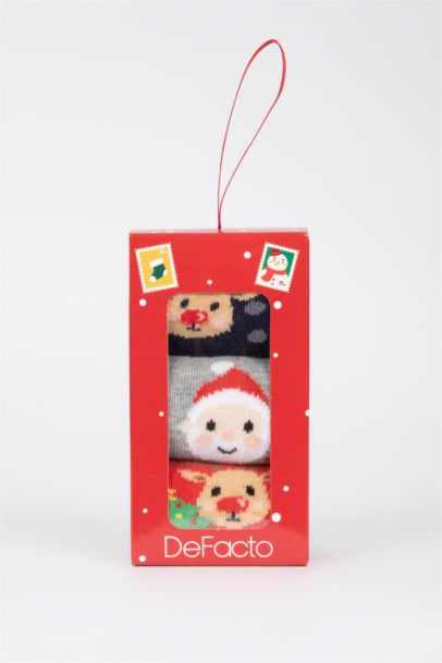 Erkek Çocuk Yılbaşı Temalı 3'lü Pamuklu Uzun Çorap