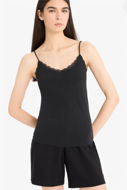 Fall in Love Lace Detailed Thin Strappy Cotton Black Undershirt