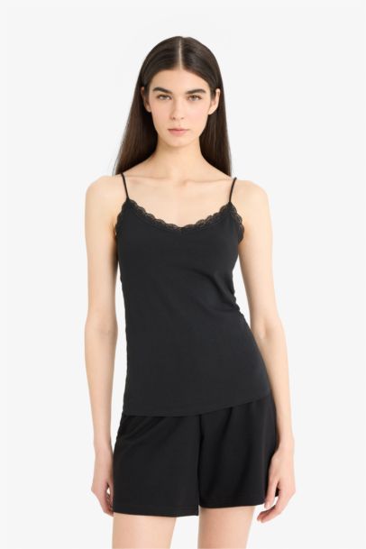 Fall in Love Lace Detailed Thin Strappy Cotton Black Undershirt