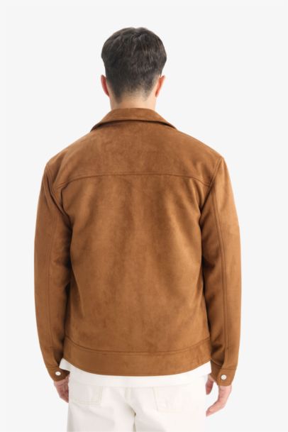 Slim Fit Dar Kesim Polo Yaka Astarlı Fermuarlı Cepli Mevsimlik Baharlık Süet Mont