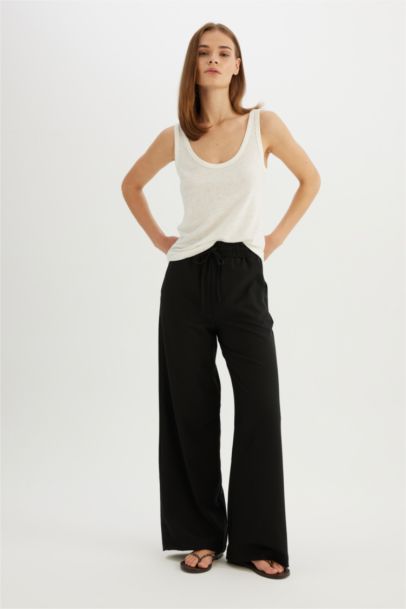 Pantolon Wide Leg Geniş Bol Paça Beli Lastikli Bağcıklı