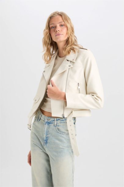 Su Geçirmez Crop Biker Ceket Suni Deri Kruvaze Yaka Fermuarlı Cepli Kemerli Mevsimlik