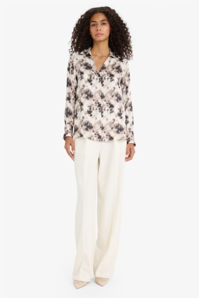 Oversize Fit Shirt Collar Satin Printed Long Sleeve Shirt